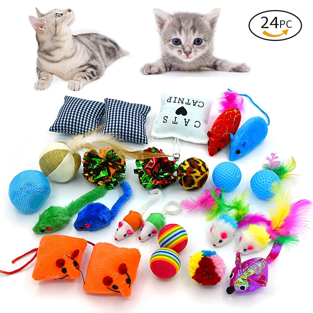 Katzenspielzeug-Set 24-teilig – Catnip, Regenbogenball & bunte Mäuse
