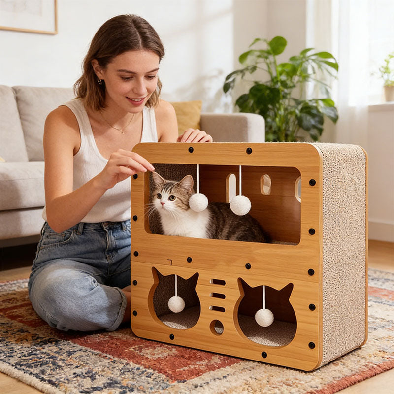 3-in-1 Katzenhaus – Bett, Kratzbrett & Liegefläche aus ökologischem Karton