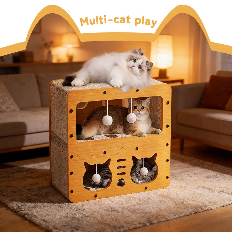 3-in-1 Katzenhaus – Bett, Kratzbrett & Liegefläche aus ökologischem Karton