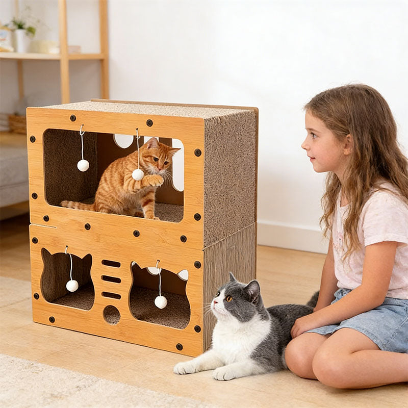 3-in-1 Katzenhaus – Bett, Kratzbrett & Liegefläche aus ökologischem Karton